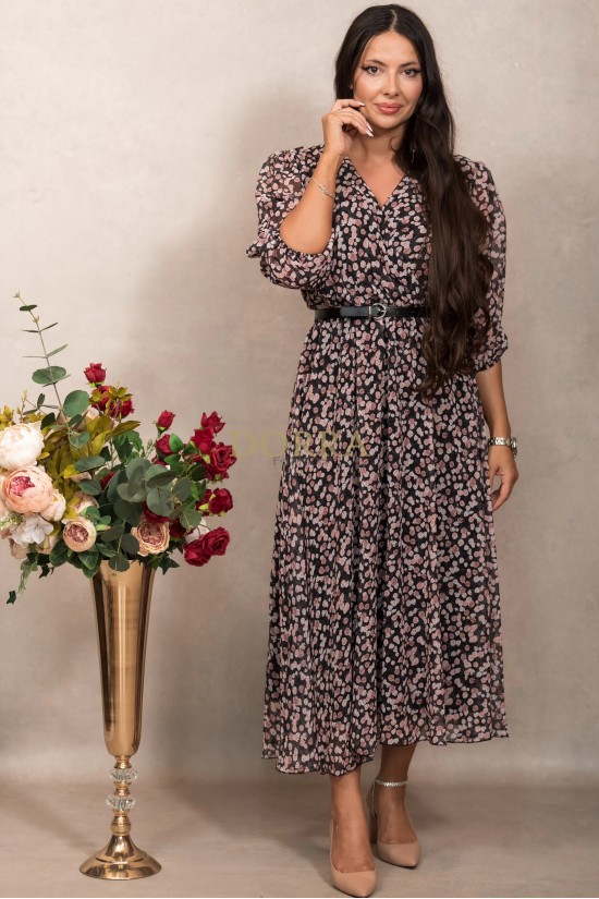 Rochie Olimpia din voal negru cu imprimeu floral, pieptii petrecuti si curea